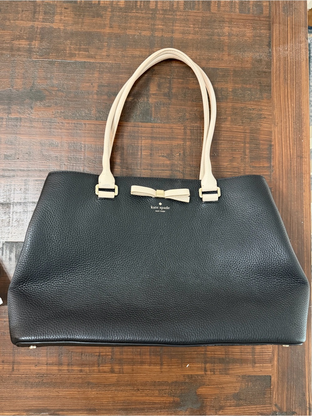 kate spade Black Pebbled Leather Shoulder Bag with Cream Handles